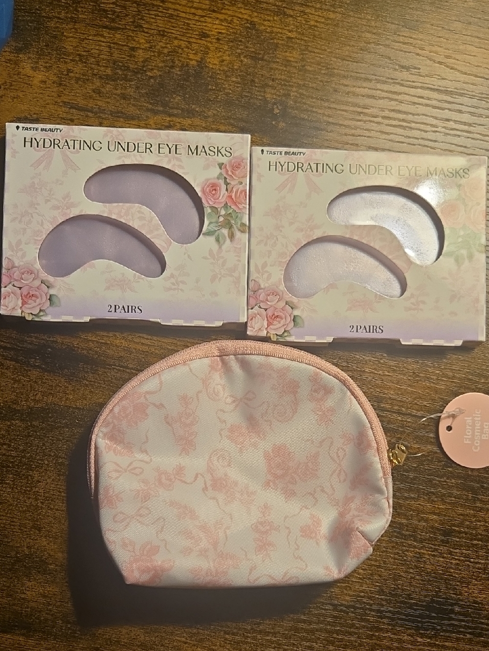 2 Taste Beauty Hydrating Under Eye Masks - Purple  with Pink Floral Pouch